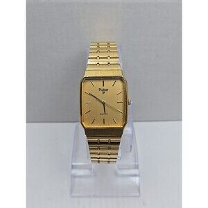 Vintage Pulsar by Seiko V321-5009 Gold Tone Tank Quartz Mens Watch New Battery